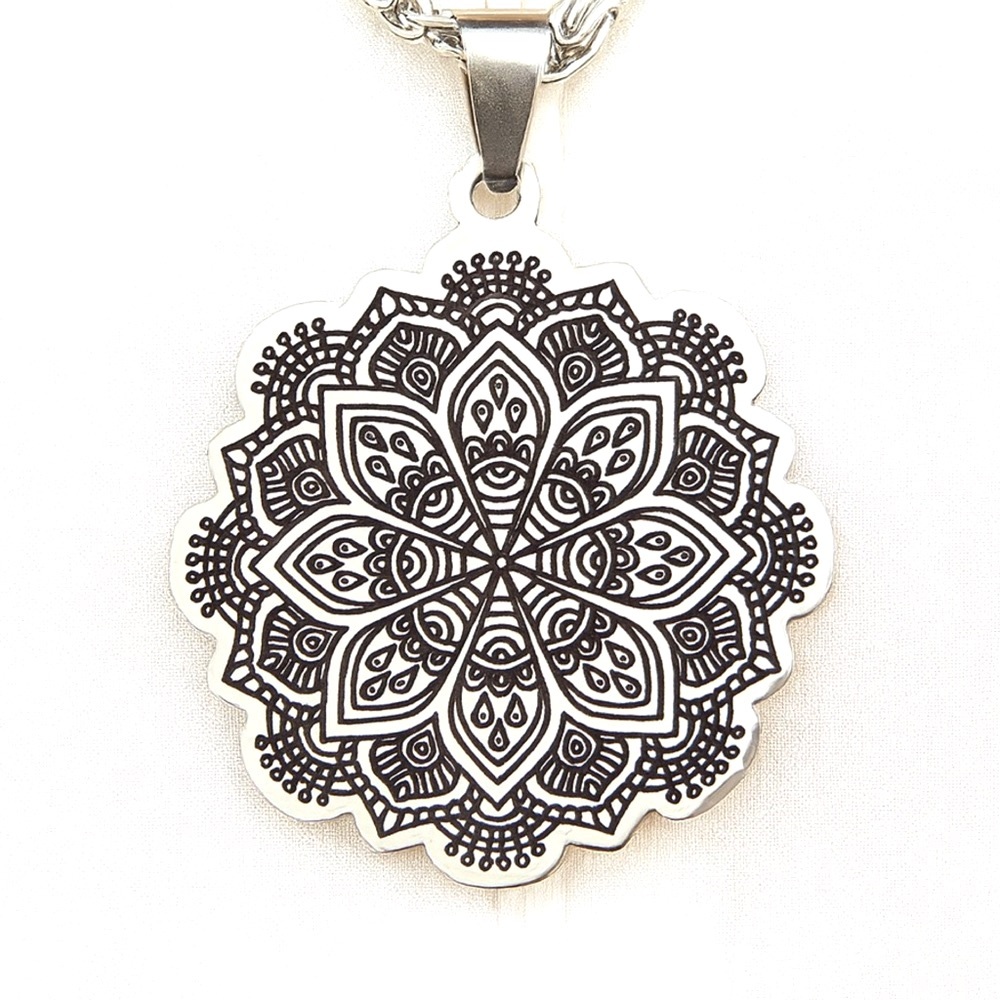 Stainless Steel Mandala Pendant Necklace 20” Byzantine Chain